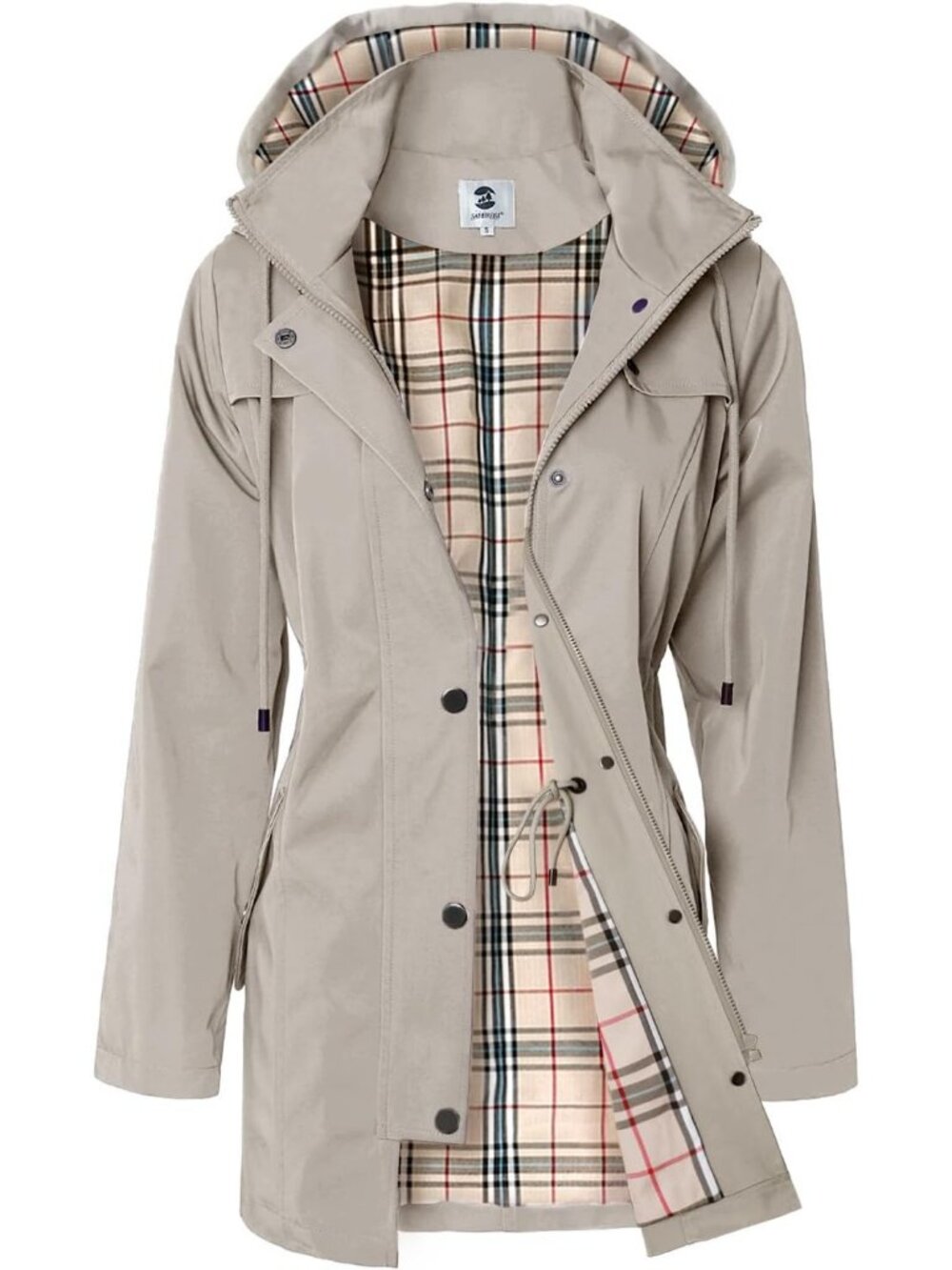 Women's Khaki Long Hooded Rain Jacket Outdoor Raincoat Windbreaker Rain Coat
